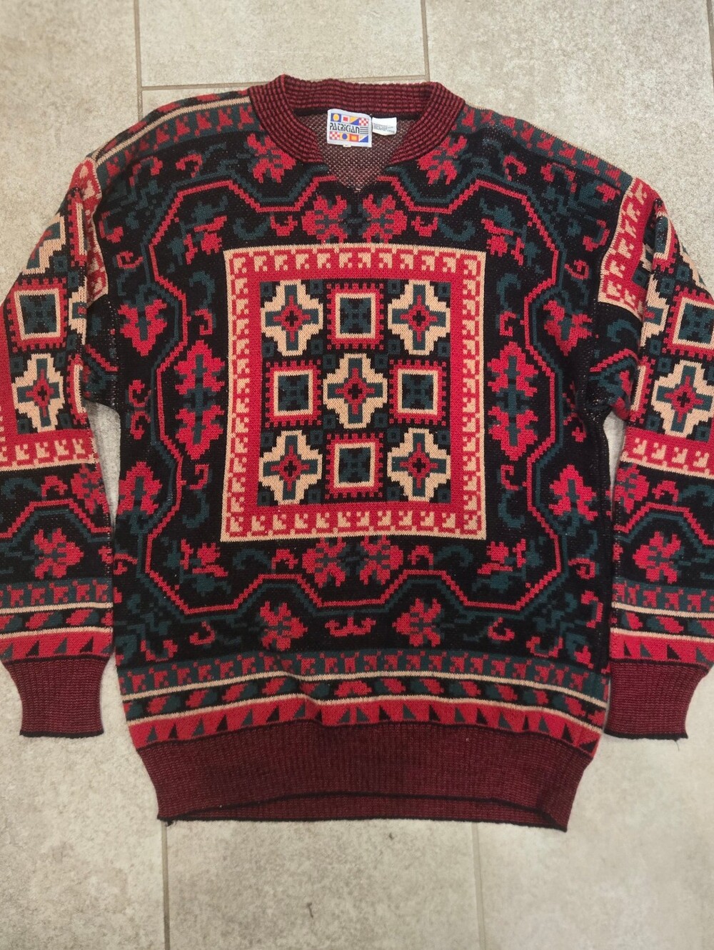 Vtg 80s Patrician Graphic Knit Sweater Mens L Geometric Southwestern Red Black